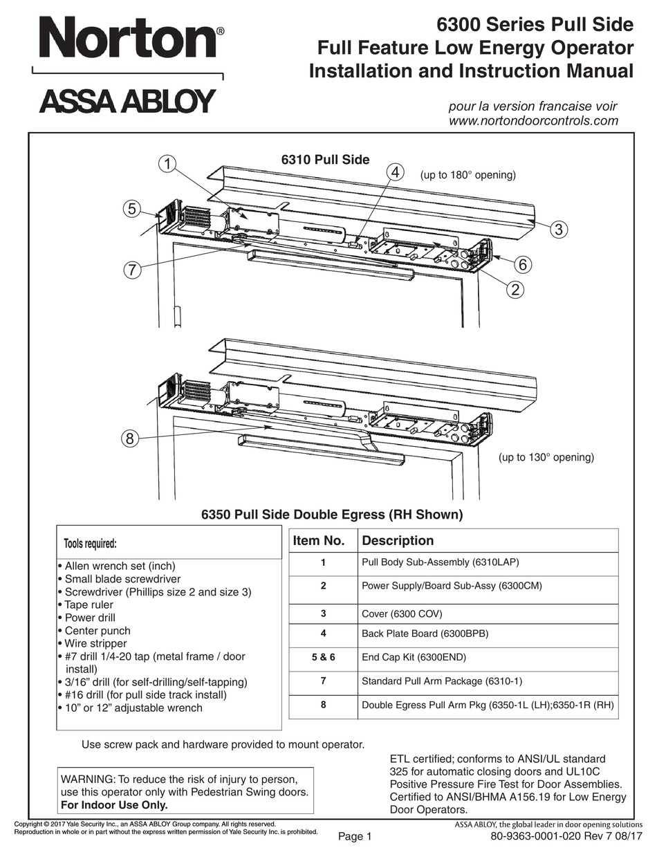 ASSA ABLOY NORTON 6300 SERIES INSTALLATION AND INSTRUCTION MANUAL Pdf