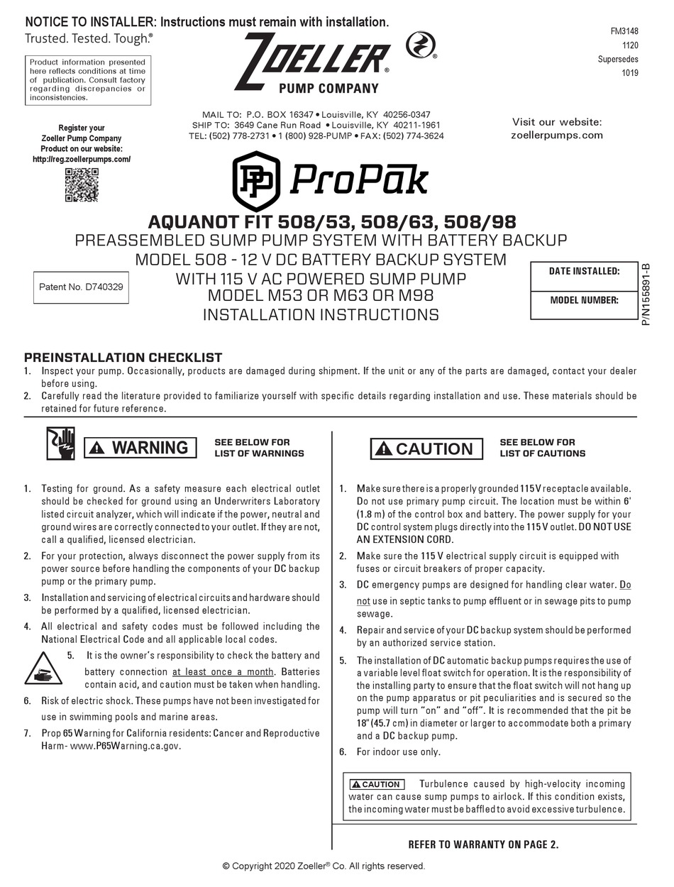 ZOELLER PROPAK AQUANOT FIT 508/53 INSTALLATION INSTRUCTIONS MANUAL Pdf