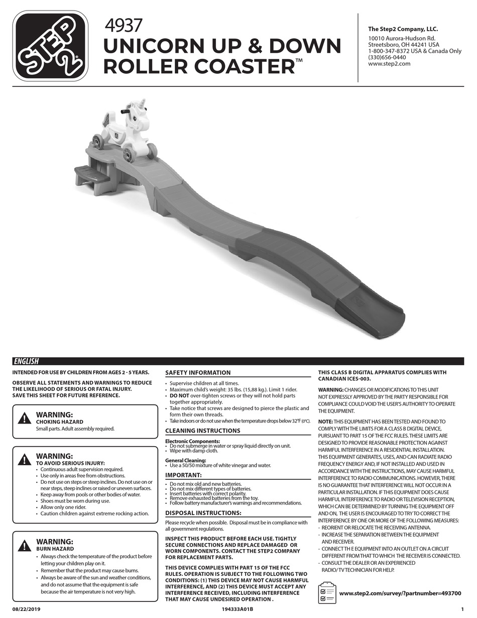 STEP2 UNICORN UP & DOWN ROLLER COASTER 4937 QUICK START MANUAL Pdf