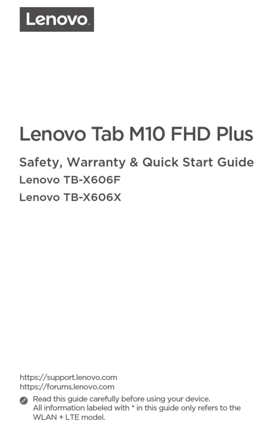 Lenovo Tab M10 Fhd Plus Bedienungsanleitung LENOVO TAB M10 FHD PLUS SAFETY, WARRANTY & QUICK START MANUAL Pdf