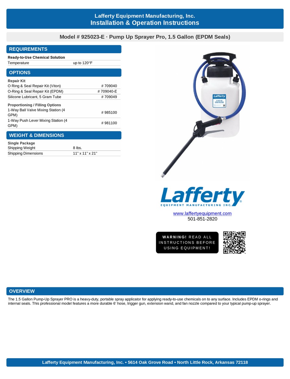 LAFFERTY PUMP UP SPRAYER PRO INSTALLATION & OPERATION INSTRUCTIONS Pdf