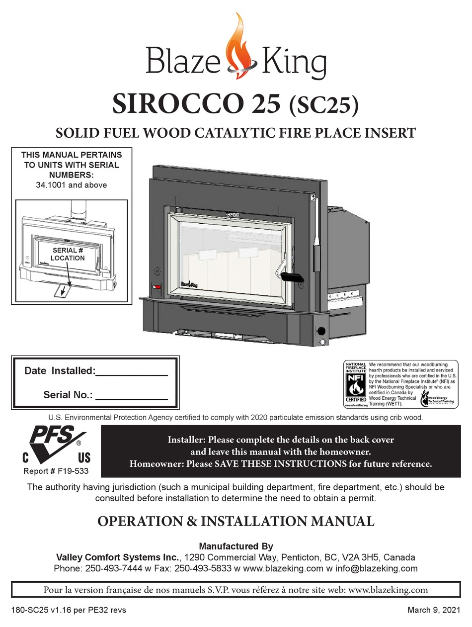 BLAZE KING SIROCCO 25 OPERATION & INSTALLATION MANUAL Pdf Download