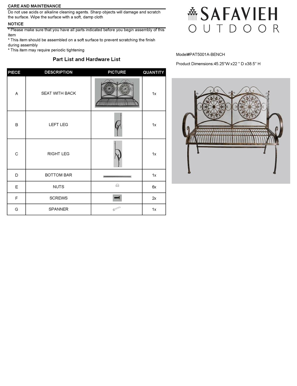 SAFAVIEH OUTDOOR SOPHIE PAT5001ABENCH ASSEMBLY INSTRUCTIONS Pdf