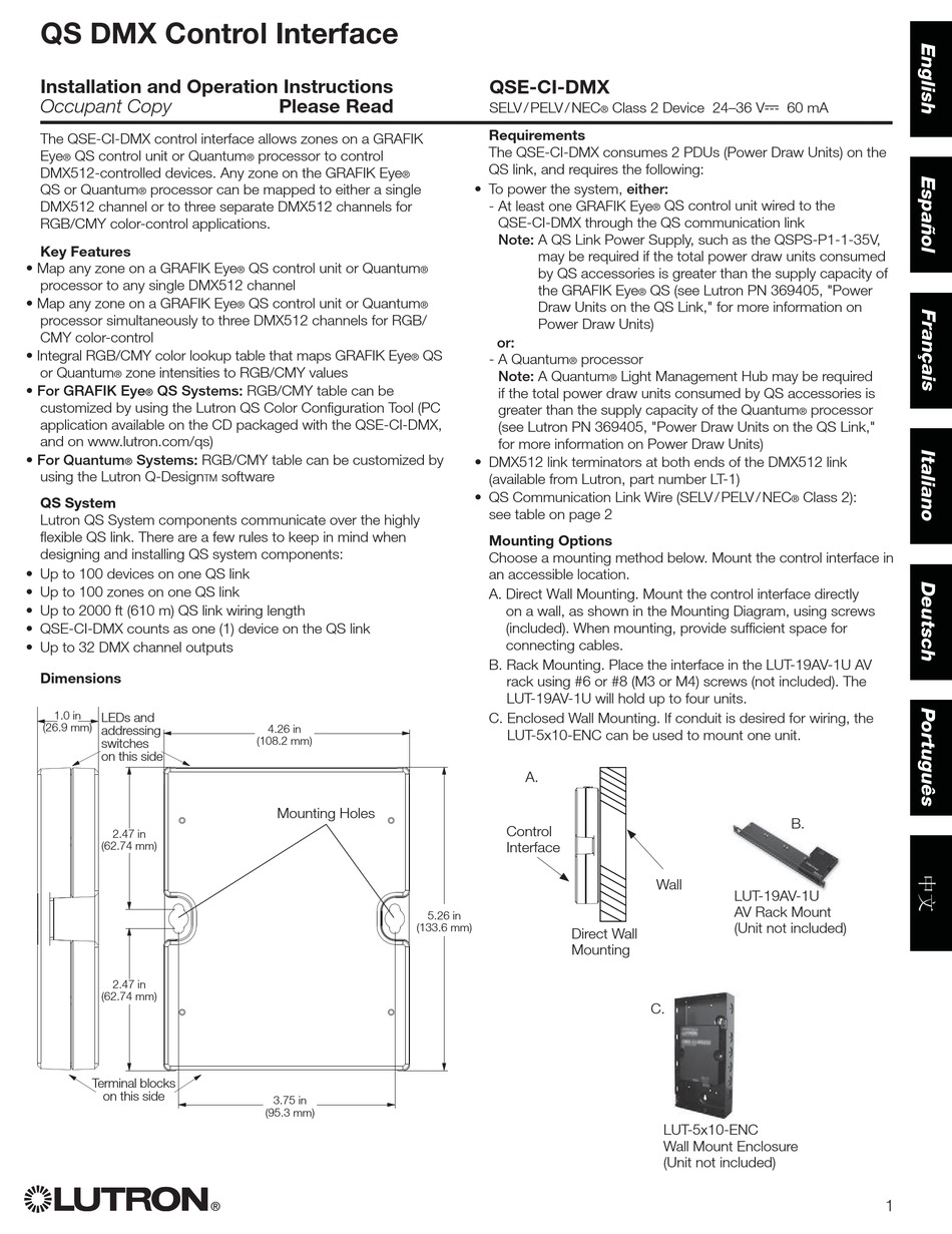 LUTRON ELECTRONICS QSECIDMX INSTALLATION AND OPERATION INSTRUCTIONS