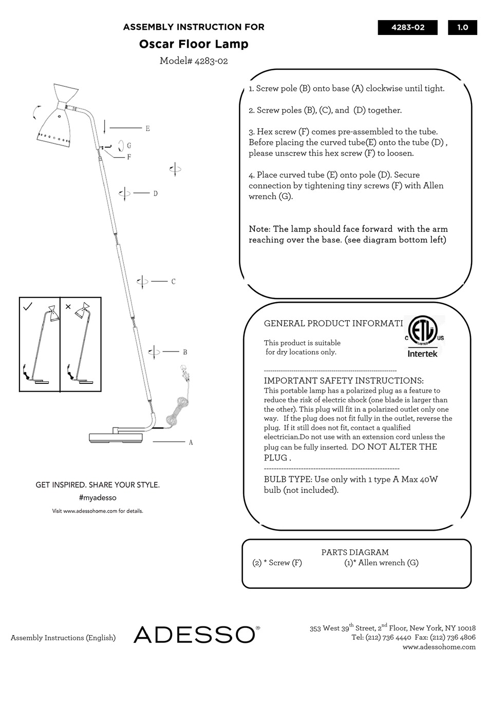 ADESSO OSCAR FLOOR LAMP ASSEMBLY INSTRUCTIONS Pdf Download ManualsLib
