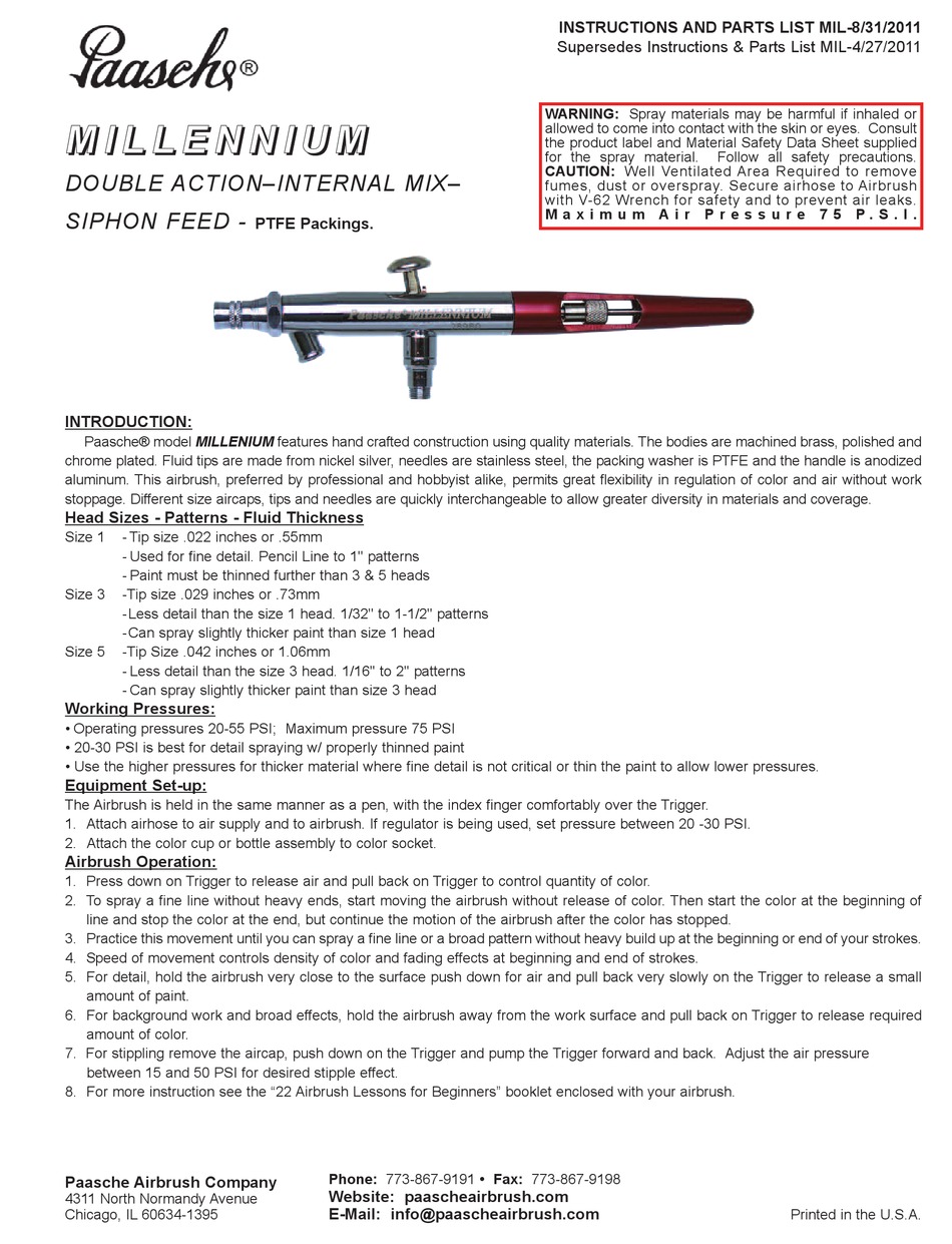 PAASCHE AIRBRUSH MILLENNIUM INSTRUCTIONS AND PARTS LIST Pdf Download ManualsLib