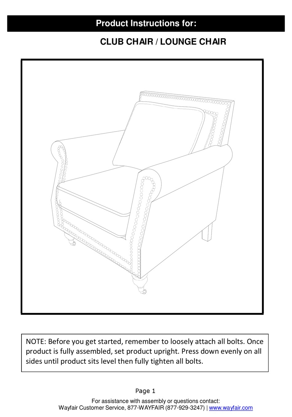 WAYFAIR CLUB CHAIR / LOUNGE CHAIR PRODUCT INSTRUCTIONS Pdf Download