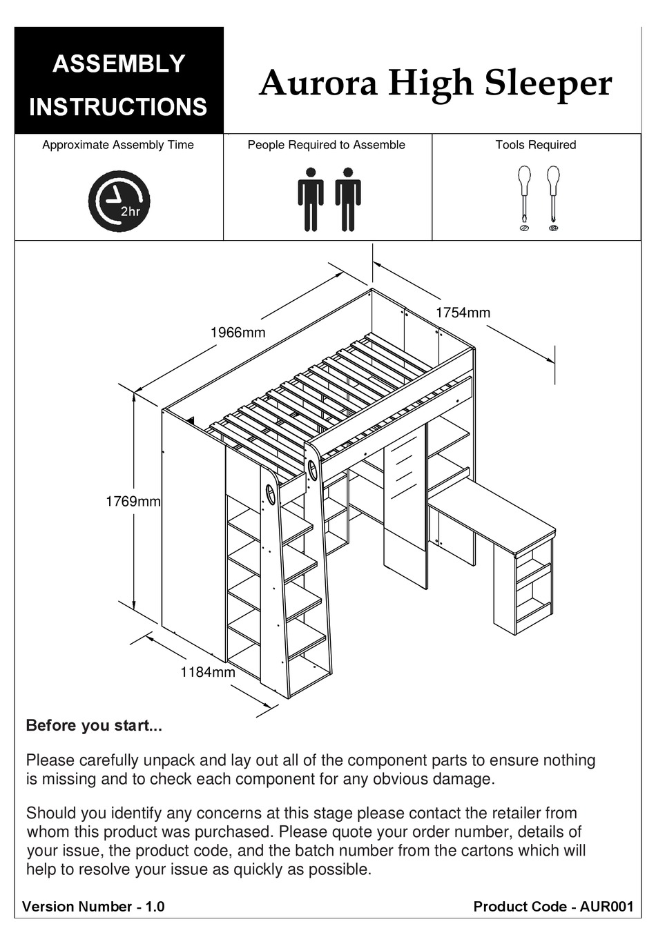 JULIAN BOWEN AURORA HIGH SLEEPER AUR001 ASSEMBLY INSTRUCTIONS MANUAL Pdf Download ManualsLib