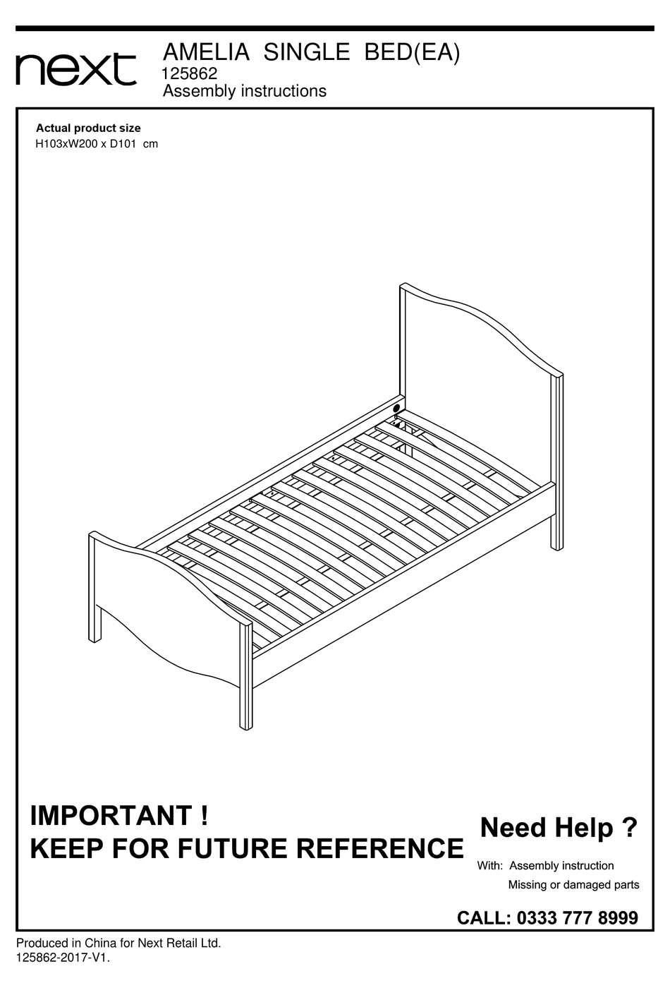 NEXT AMELIA SINGLE BED 125862 ASSEMBLY INSTRUCTIONS MANUAL Pdf Download