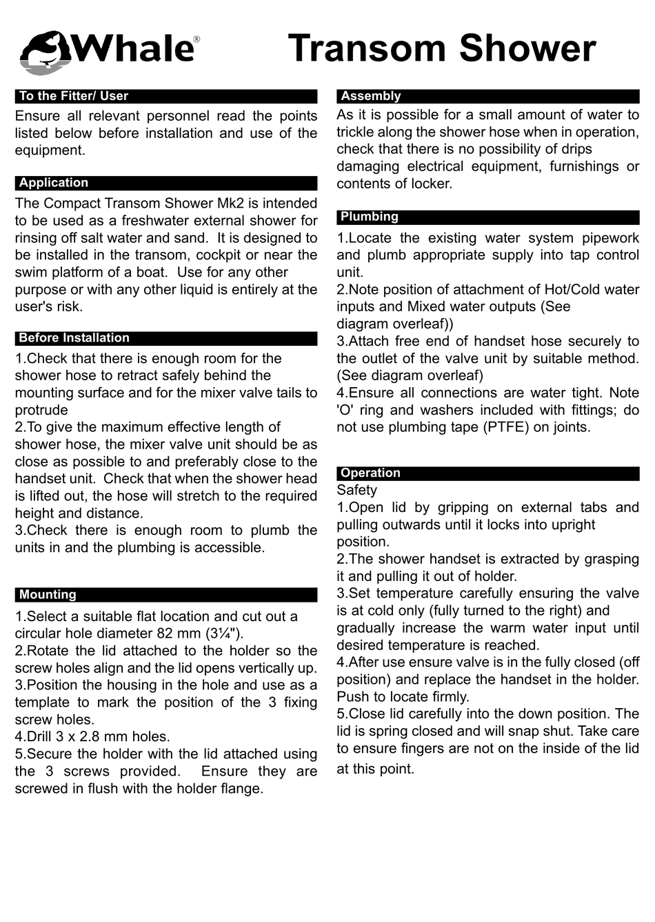 WHALE COMPACT TRANSOM SHOWER MK2 INSTALLATION INSTRUCTIONS Pdf Download