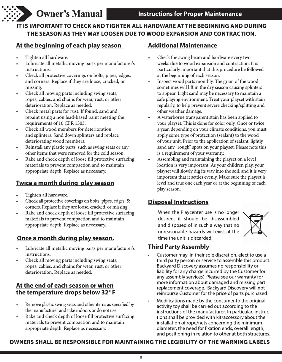 BACKYARD DISCOVERY HEAVY DUTY DURANGO WOODEN SWING SET OWNER'S MANUAL