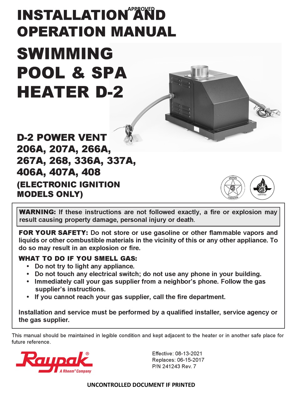 RHEEM RAYPAK D2 POWER VENT INSTALLATION AND OPERATION MANUAL Pdf