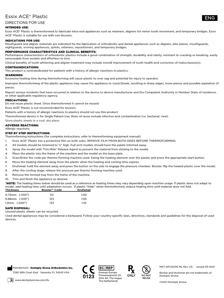 DENTSPLY SIRONA ESSIX ACE DIRECTIONS FOR USE MANUAL Pdf Download
