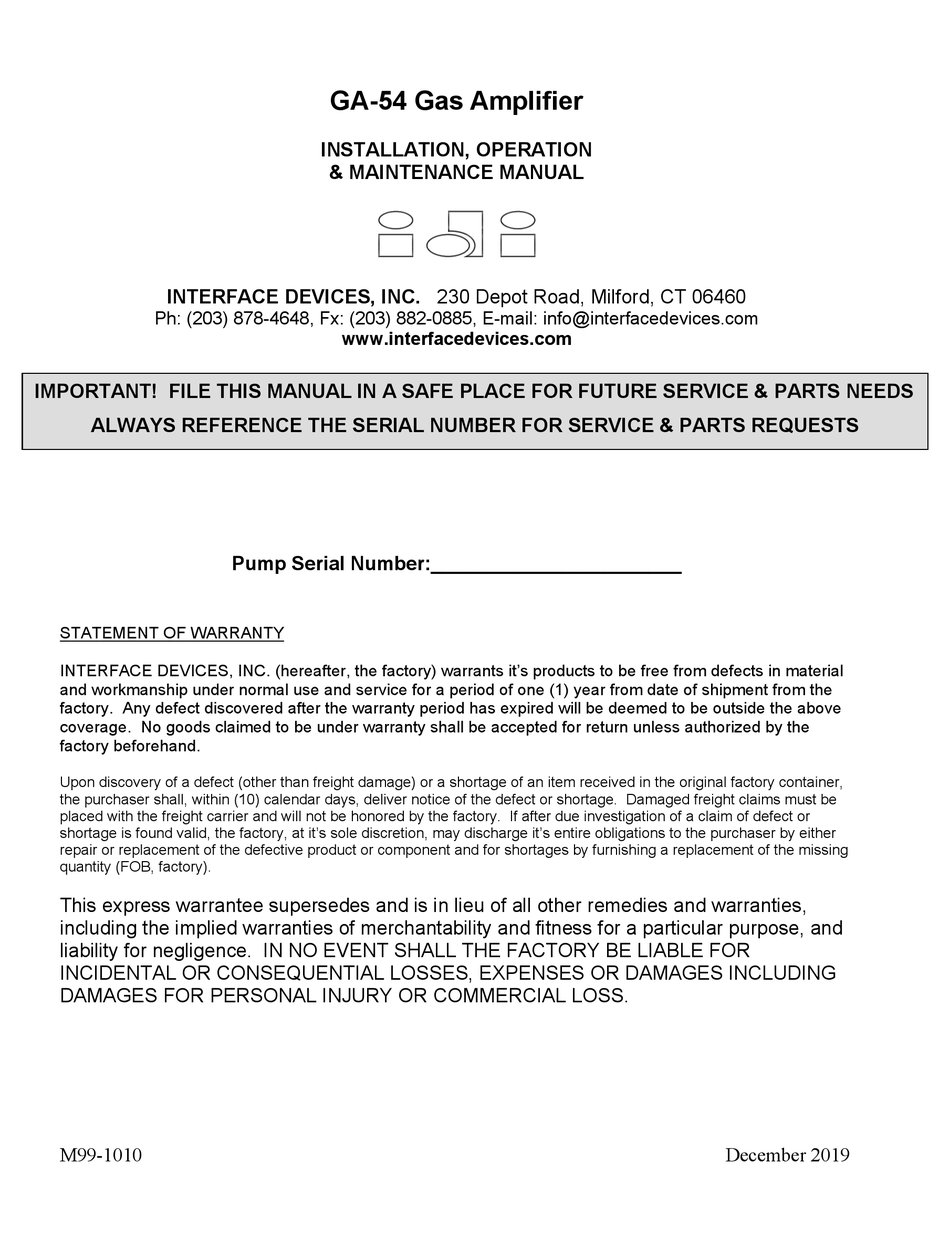 INTERFACE DEVICES GA54 INSTALLATION, OPERATION & MAINTENANCE MANUAL