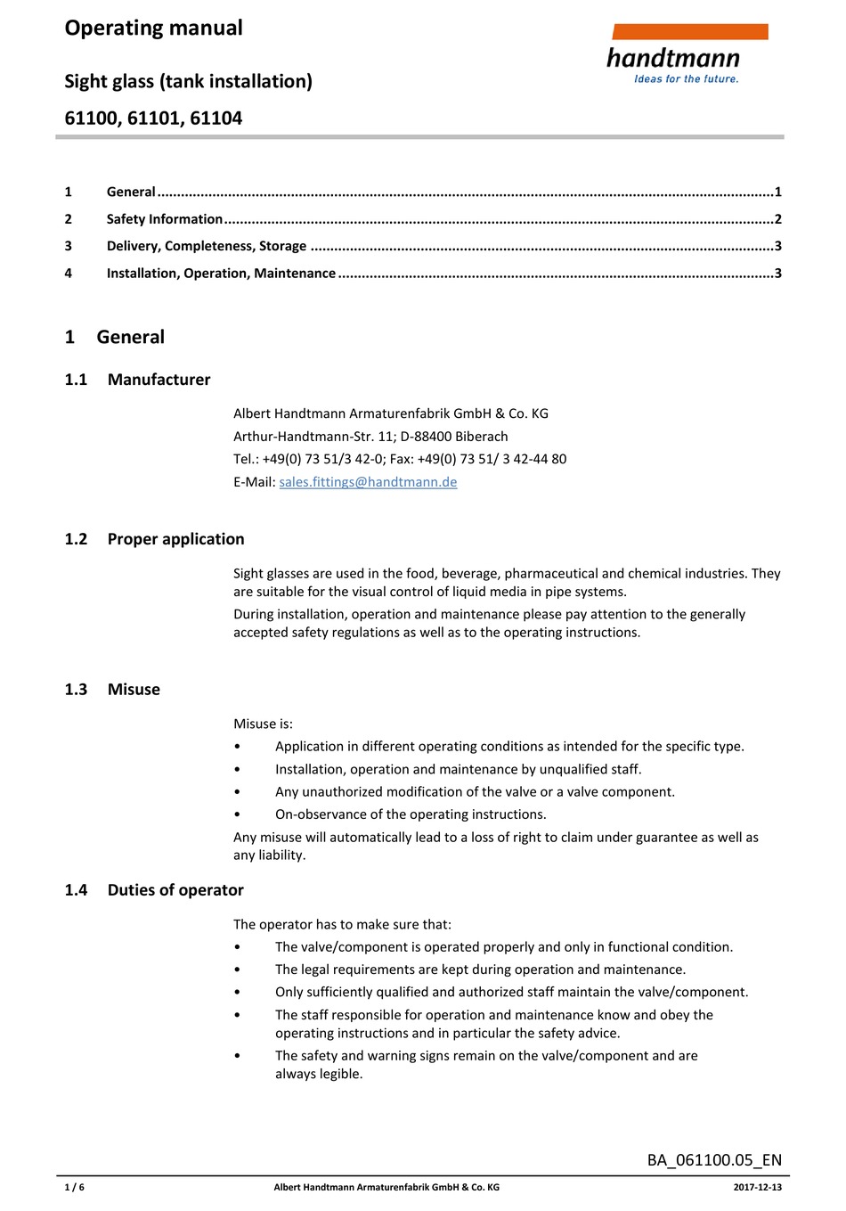 HANDTMANN 61100 OPERATING MANUAL Pdf Download | ManualsLib