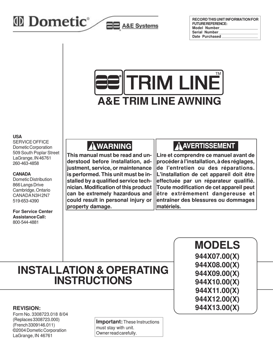 DOMETIC TRIM LINE 94407.00 SERIES INSTALLATION & OPERATING