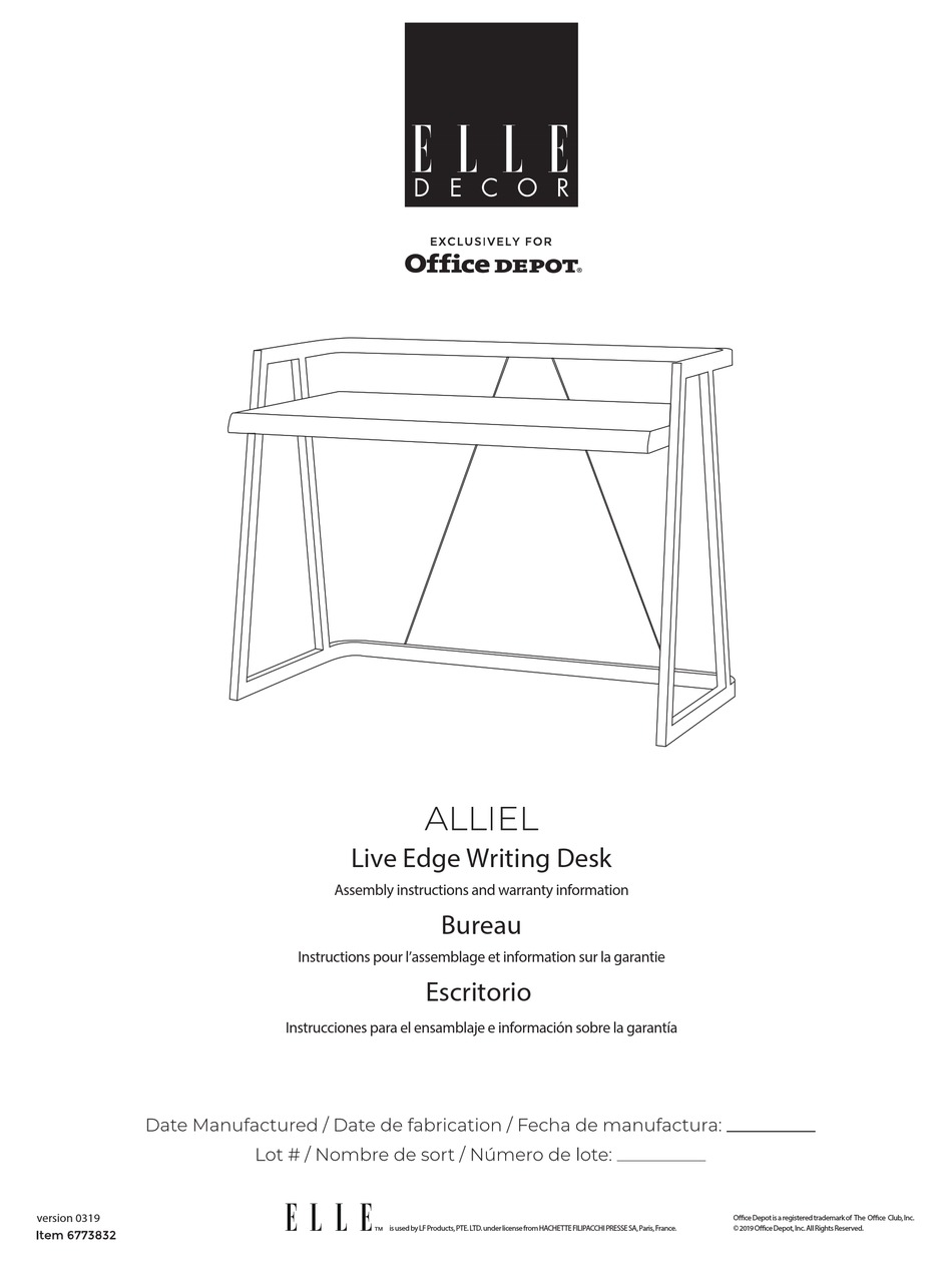 ELLE DECOR OFFICE DEPOT ALLIEL ASSEMBLY INSTRUCTIONS AND WARRANTY