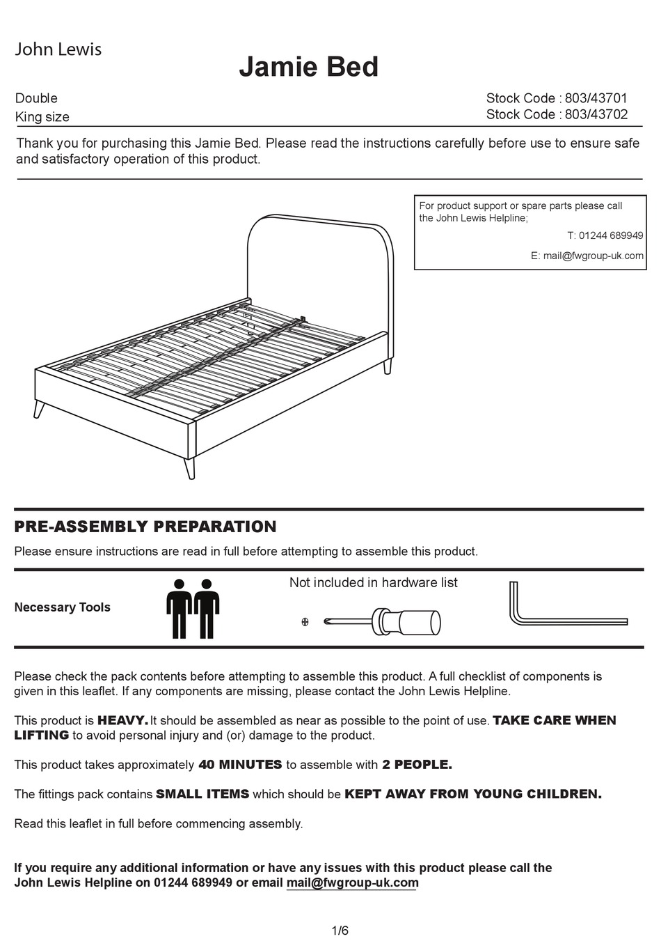 JOHN LEWIS JAMIE BED 803/43701 ASSEMBLY INSTRUCTIONS MANUAL Pdf