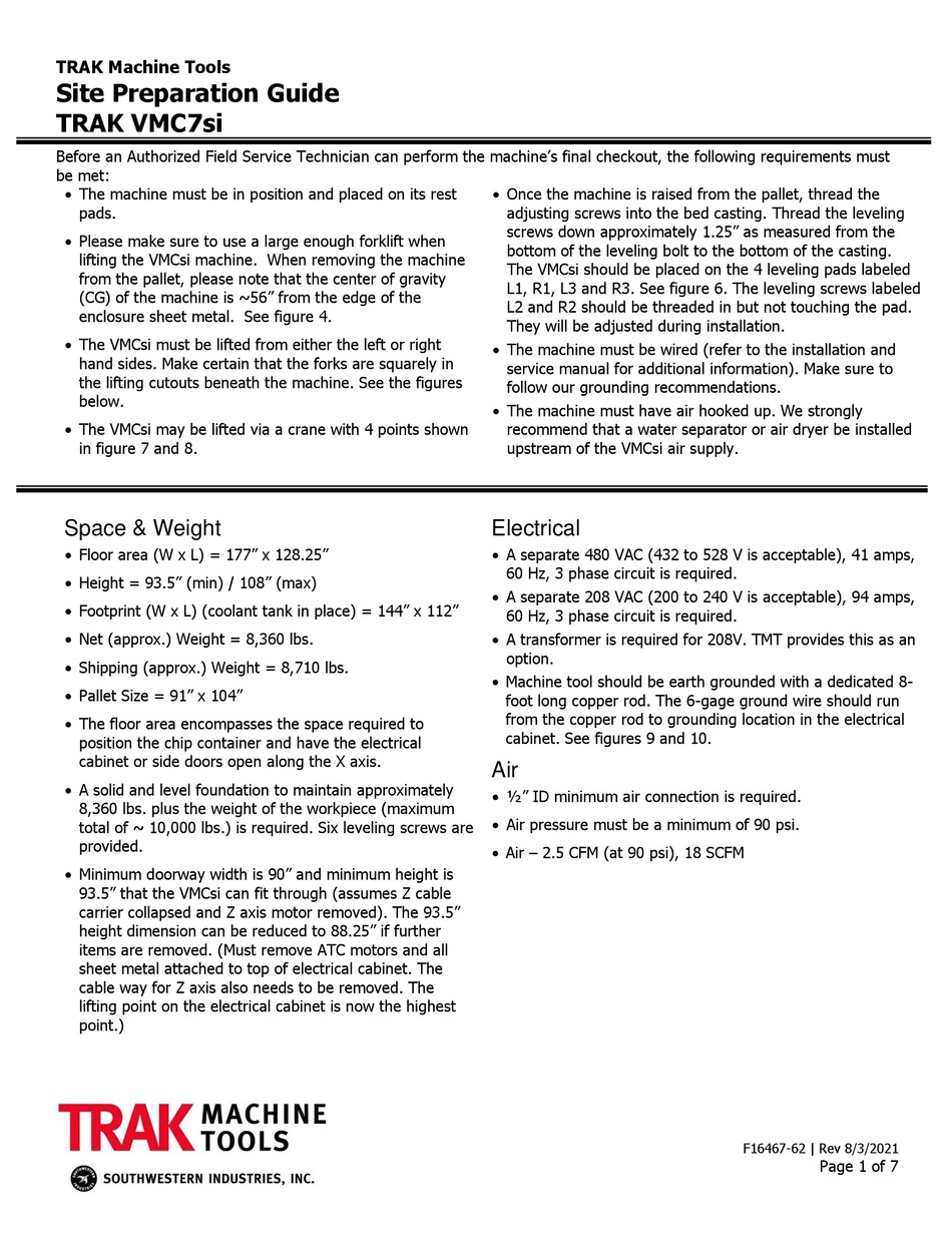 TRAK MACHINE TOOLS VMC7SI SITE PREPARATION MANUAL Pdf Download ManualsLib