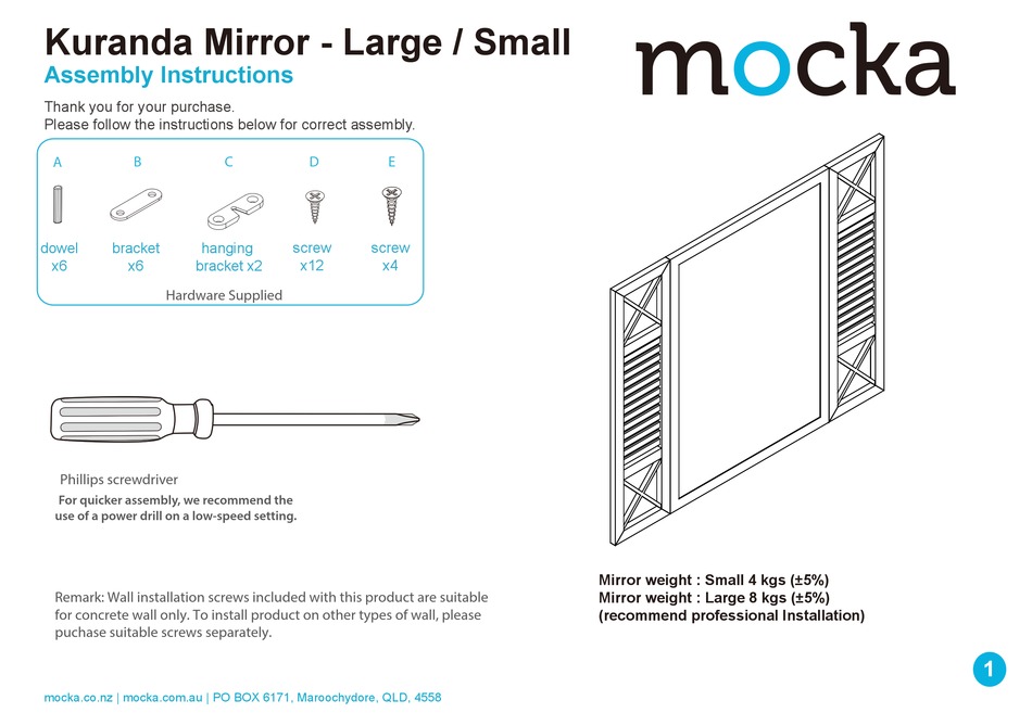 MOCKA KURANDA MIRROR LARGE ASSEMBLY INSTRUCTIONS Pdf Download