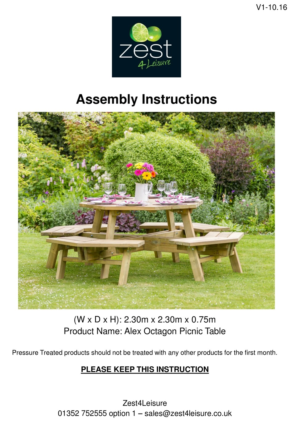 ZEST 4 LEISURE ALEX OCTAGON PICNIC TABLE ASSEMBLY INSTRUCTIONS Pdf