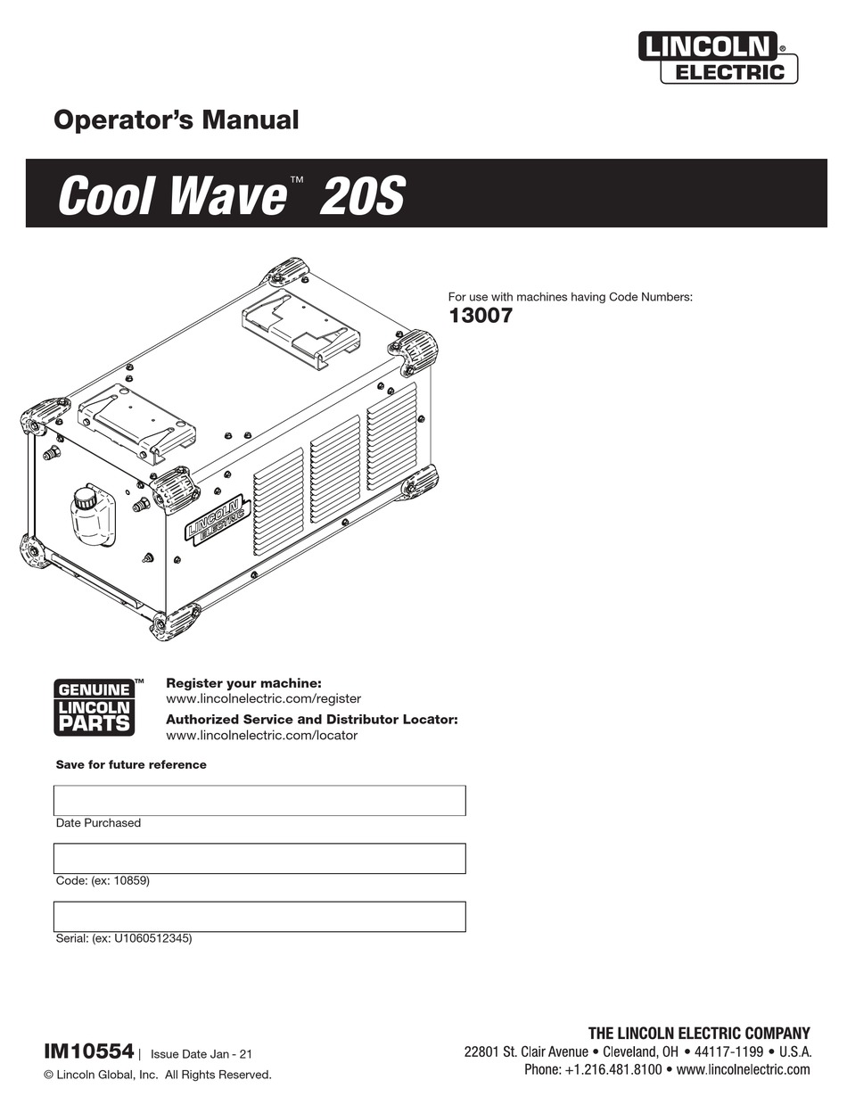 LINCOLN ELECTRIC COOL WAVE 20S OPERATOR'S MANUAL Pdf Download | ManualsLib