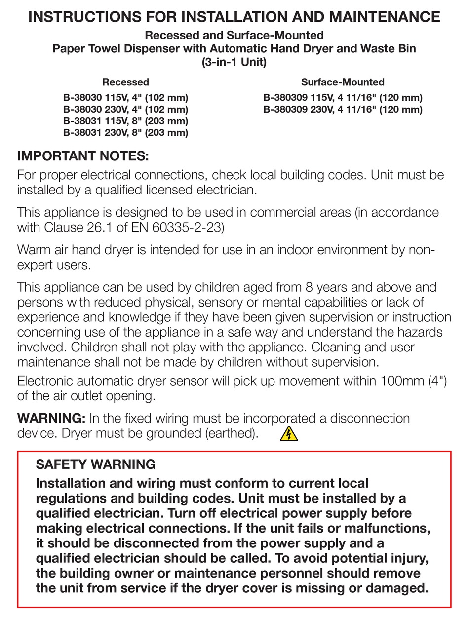 BOBRICK B38030 INSTRUCTION FOR INSTALLATION AND MAINTENANCE Pdf
