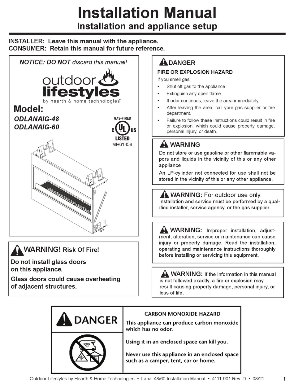 HEARTH & HOME OUTDOOR LIFESTYLES ODLANAIG48 INSTALLATION MANUAL Pdf