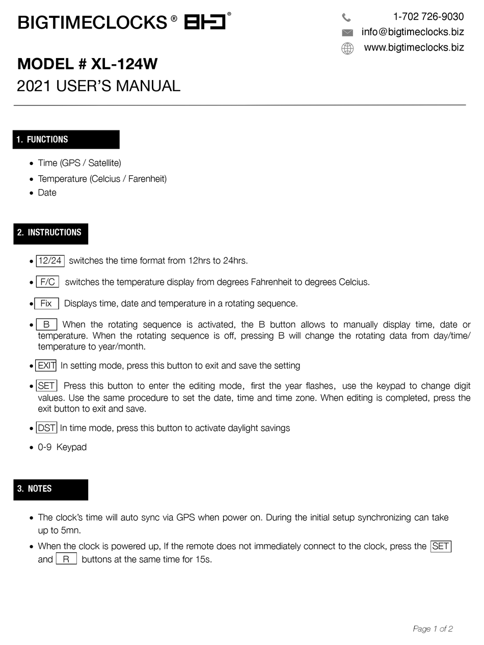 BIGTIMECLOCKS XL124W USER MANUAL Pdf Download ManualsLib
