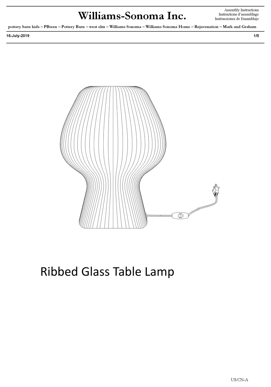 WILLIAMSSONOMA RIBBED GLASS TABLE LAMP ASSEMBLY INSTRUCTIONS Pdf