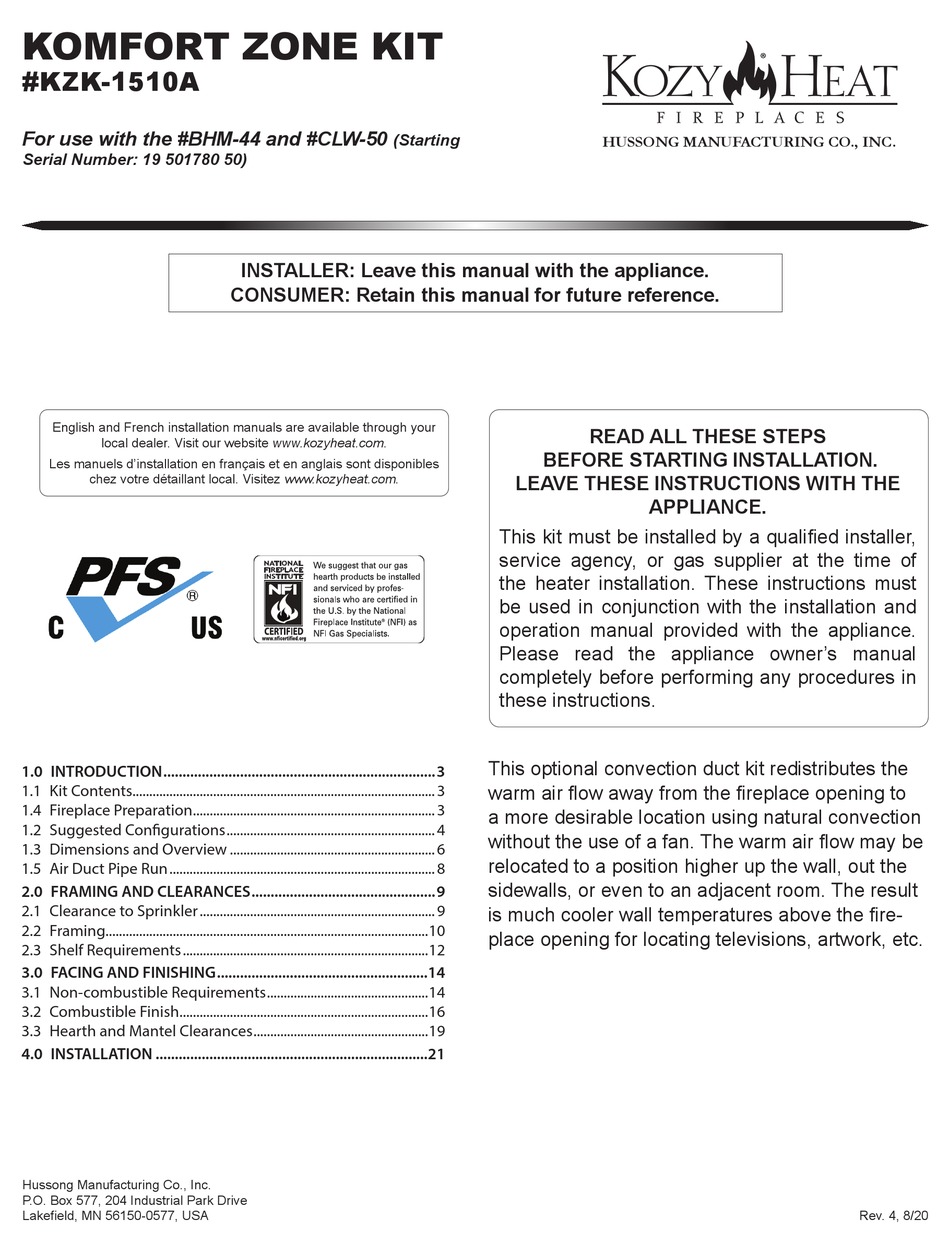KOZY HEAT KOMFORT ZONE KIT MANUAL Pdf Download ManualsLib