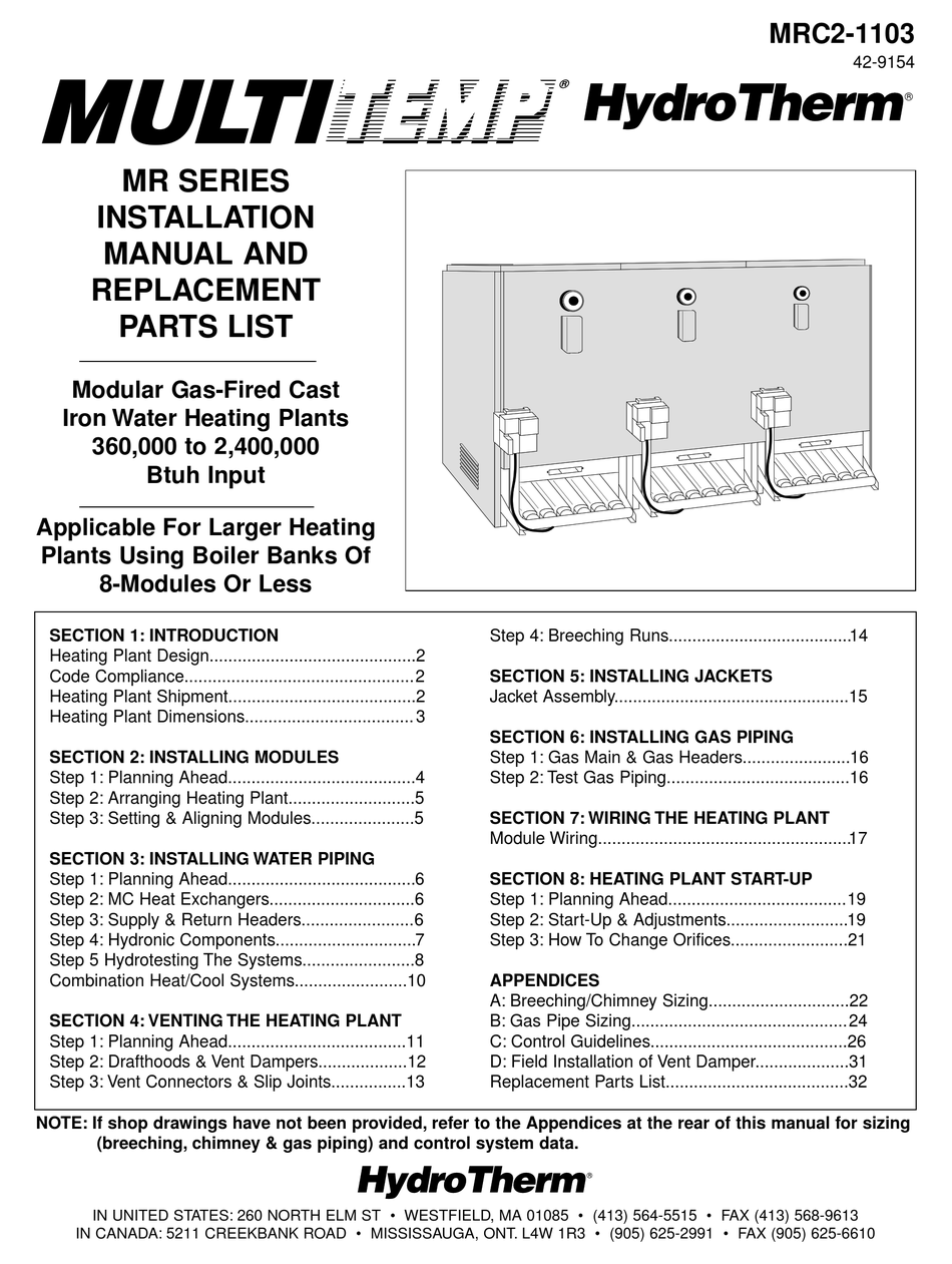 HYDROTHERM MULTITEMP MR SERIES INSTALLATION MANUAL AND REPLACEMENT