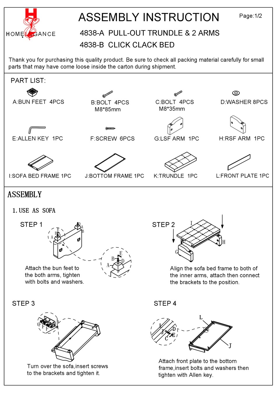 HOMELEGANCE 4838A ASSEMBLY INSTRUCTION Pdf Download ManualsLib