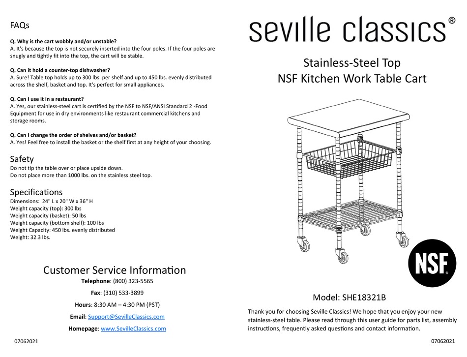 seville classics nsf stainless steel kitchen work table cart