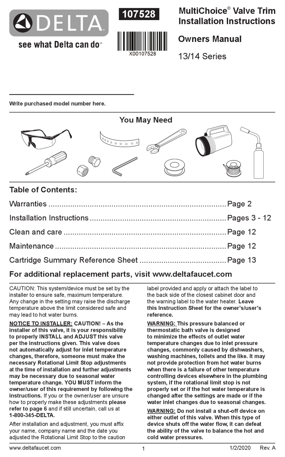 DELTA MULTICHOICE 14 SERIES INSTALLATION INSTRUCTIONS MANUAL Pdf