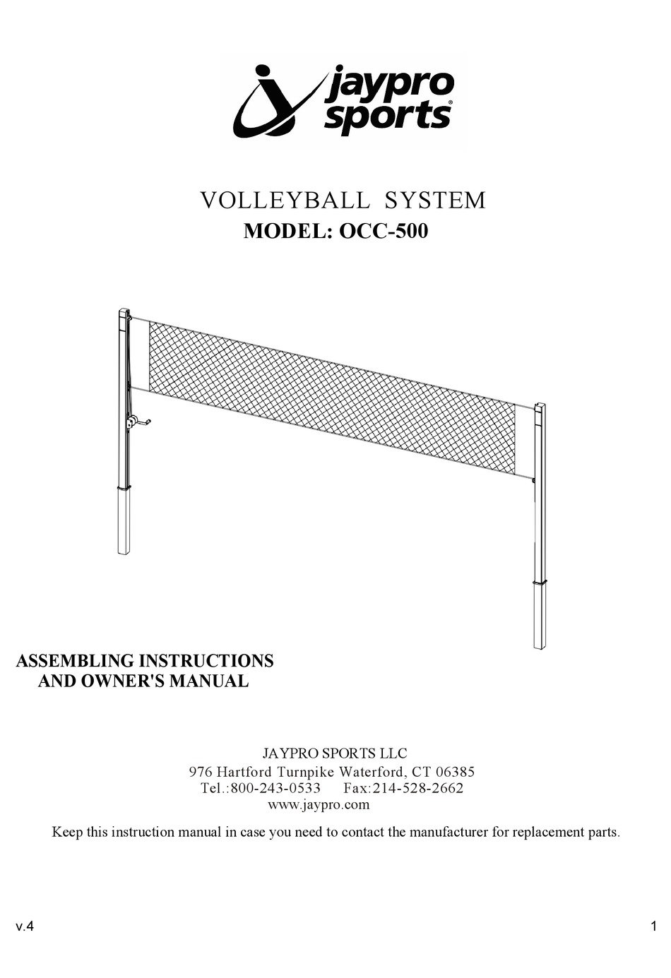 JAYPRO SPORTS OCC500 ASSEMBLING INSTRUCTIONS AND OWNER'S MANUAL Pdf