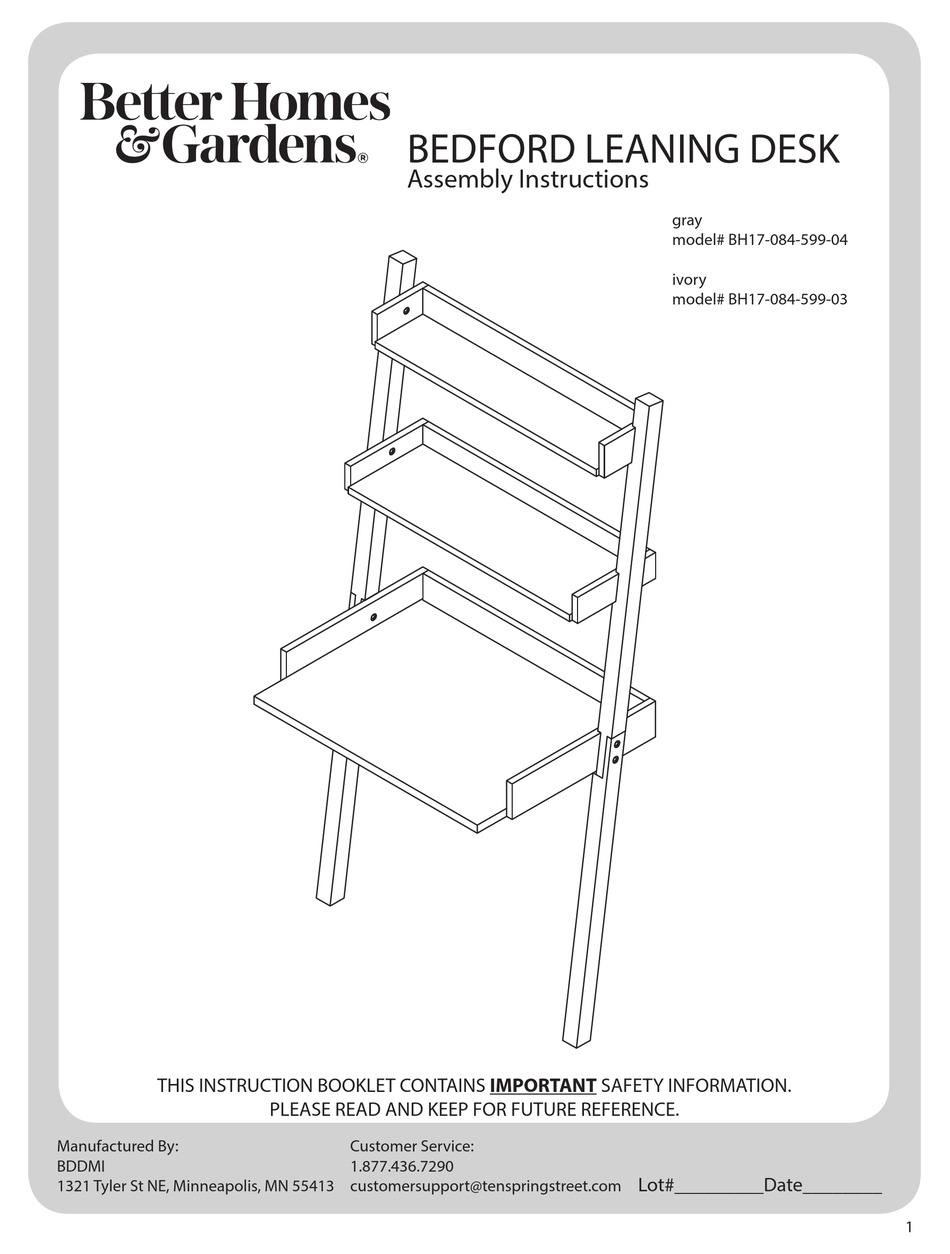 BETTER HOMES AND GARDENS BEDFORD BH1708459904 ASSEMBLY INSTRUCTIONS