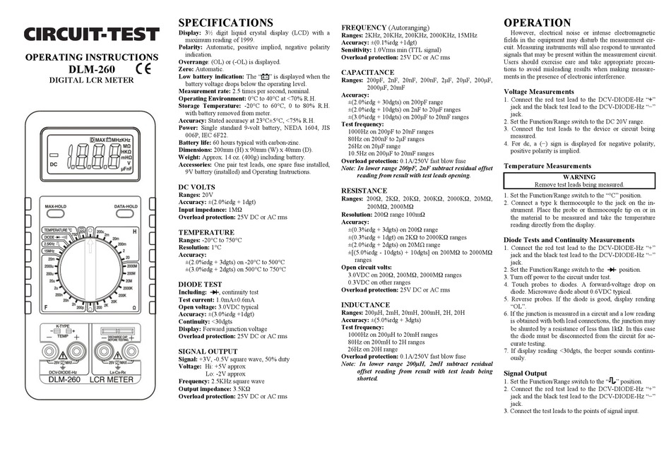 CIRCUITTEST DLM260 OPERATING INSTRUCTIONS Pdf Download ManualsLib