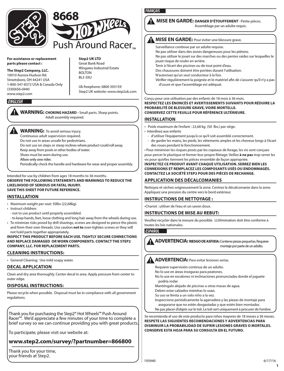 STEP2 HOT WHEELS PUSH AROUND RACER QUICK START MANUAL Pdf Download ...