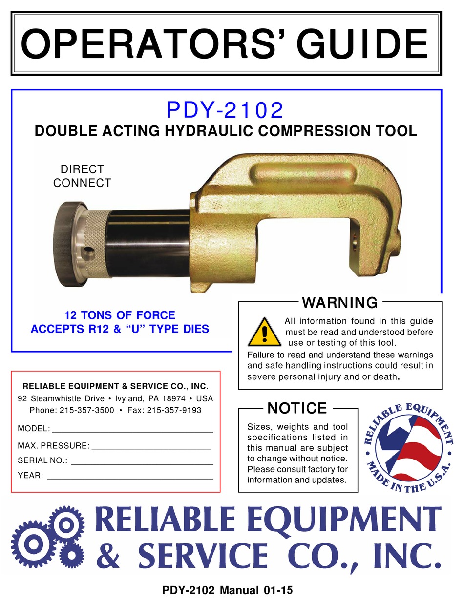 RELIABLE EQUIPMENT & SERVICE PDY2102 OPERATOR'S MANUAL Pdf Download