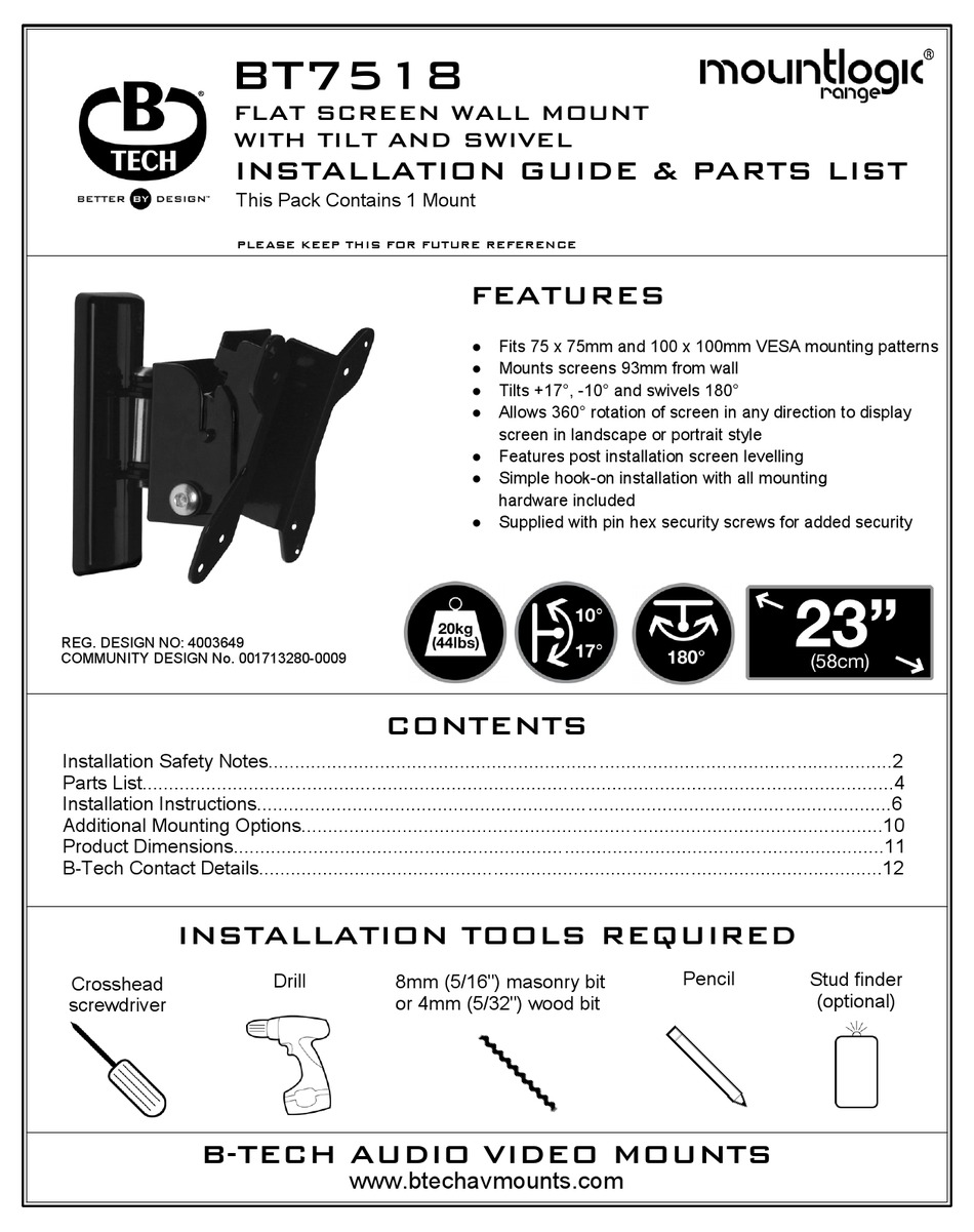 BTECH MOUNTLOGIC BT7518 INSTALLATION MANUAL & PARTS LIST Pdf Download
