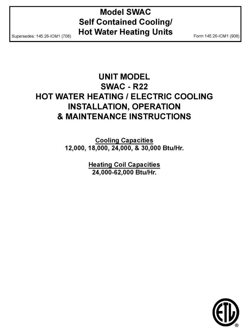 UNITARY PRODUCTS GROUP SWACR22 INSTALLATION, OPERATION & MAINTENANCE