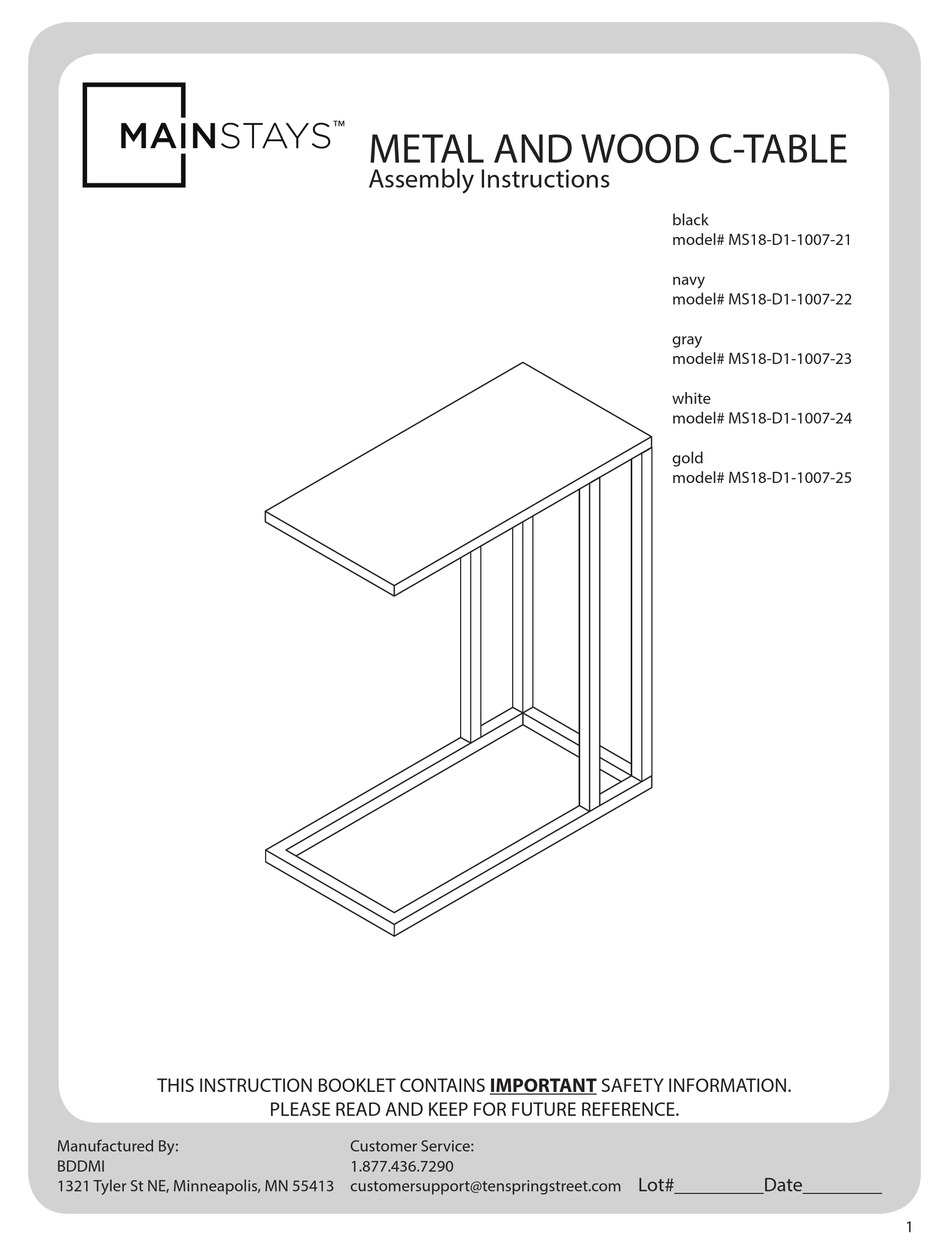 BDDMI MAINSTAYS MS18D1100721 ASSEMBLY INSTRUCTIONS MANUAL Pdf