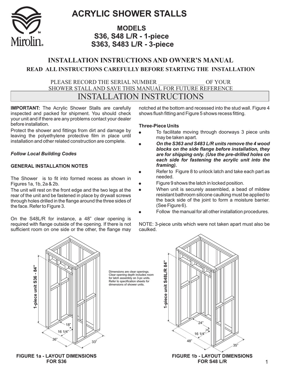 MIROLIN S36 INSTALLATION INSTRUCTIONS AND OWNER'S MANUAL Pdf Download