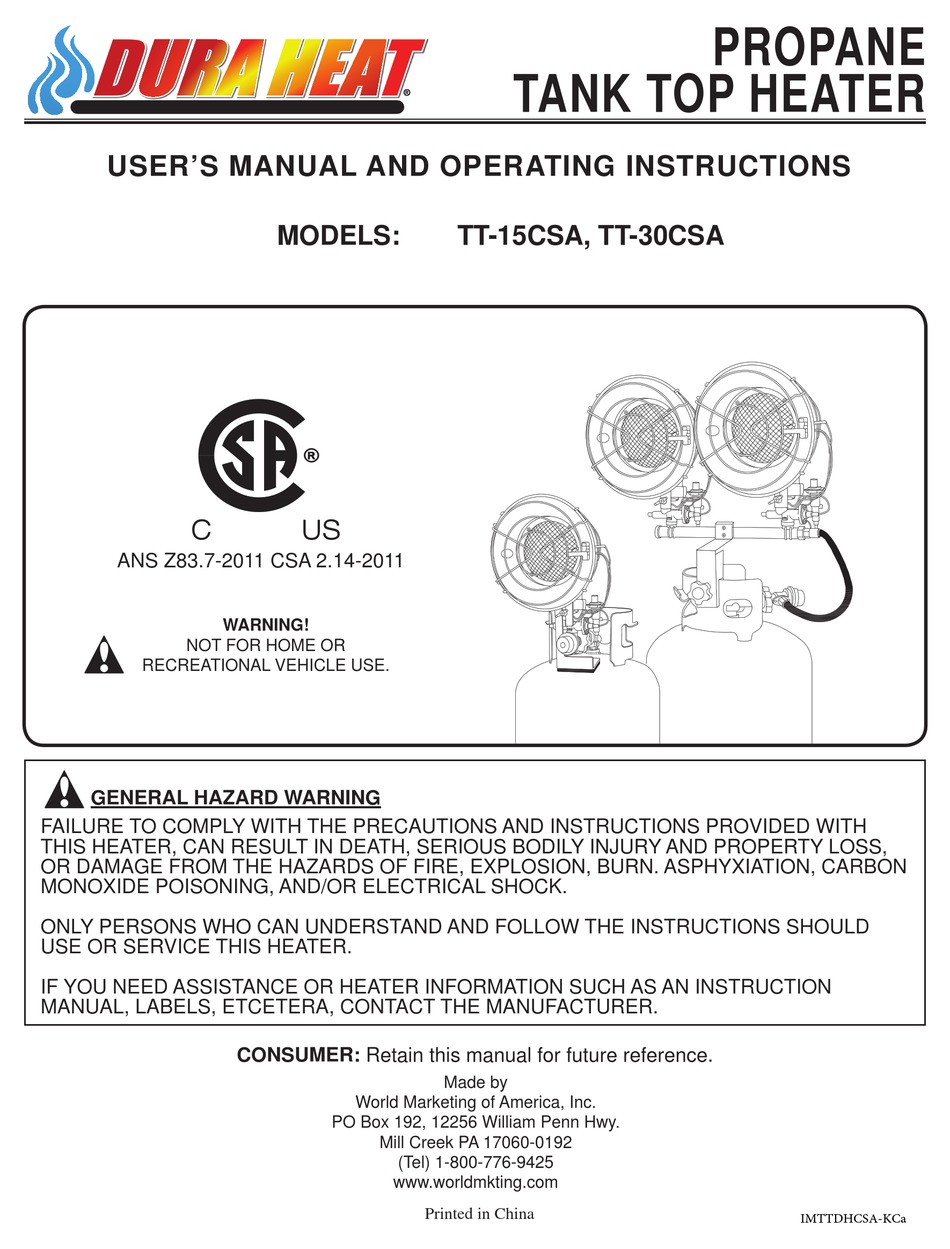 DURA HEAT TT 15CSA USER S MANUAL AND OPERATING INSTRUCTIONS Pdf