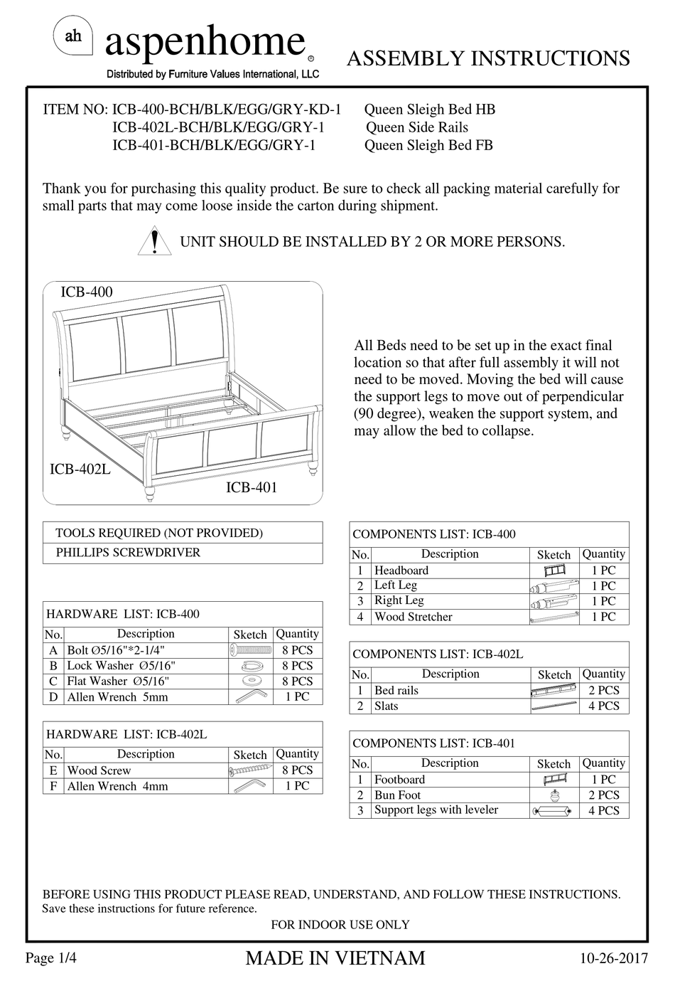 FURNITURE VALUES INTERNATIONAL ASPENHOME ICB400BCH ASSEMBLY