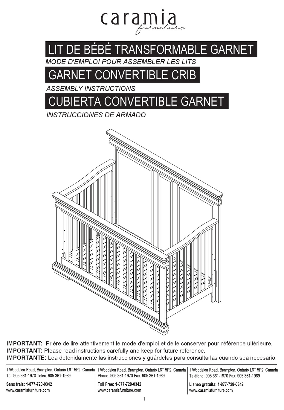 CARAMIA FURNITURE CONVERTIBLE CRIB ASSEMBLY INSTRUCTIONS MANUAL