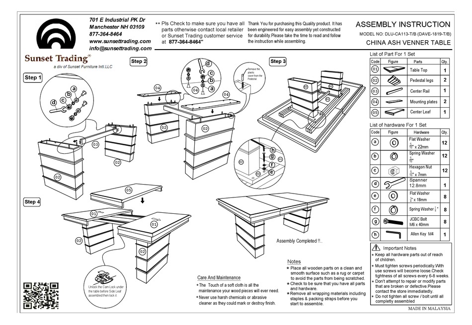 SUNSET FURNITURE SUNSET TRADING DLUCA113T/B ASSEMBLY INSTRUCTION Pdf