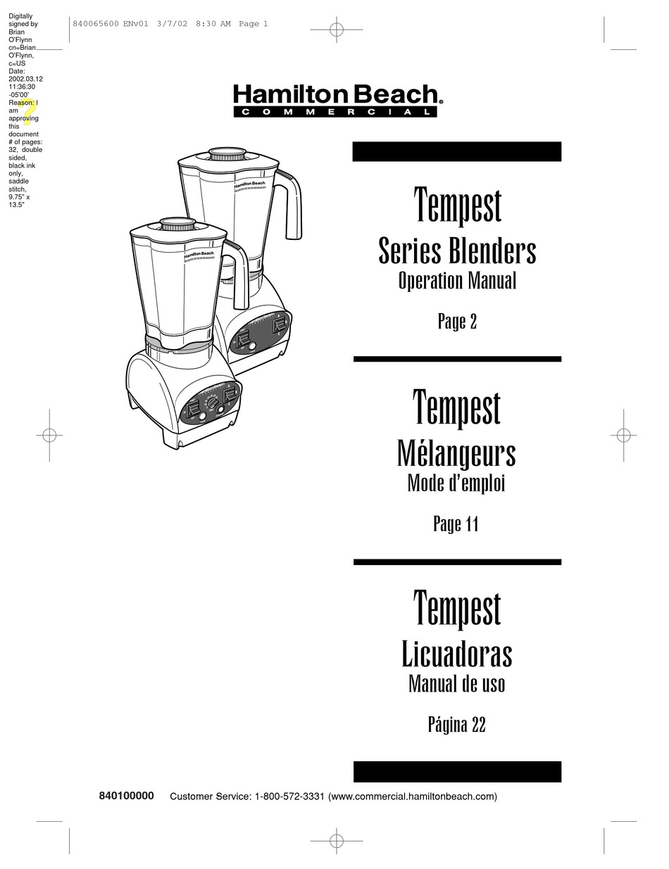 HAMILTON BEACH COMMERCIAL TEMPEST SERIES OPERATION MANUAL Pdf Download ManualsLib