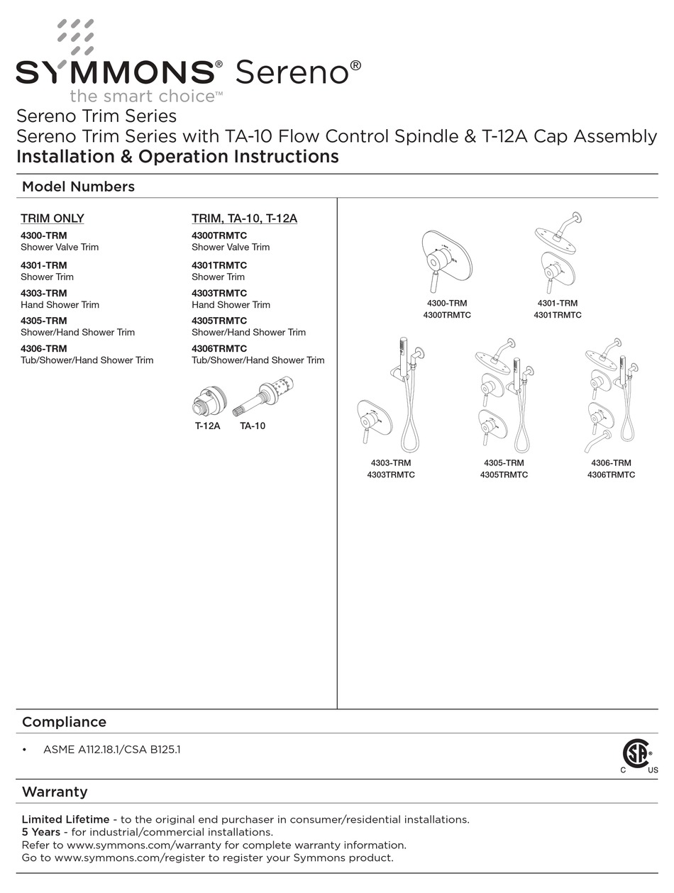 SYMMONS SERENO 4300TRM INSTALLATION & OPERATION INSTRUCTIONS Pdf